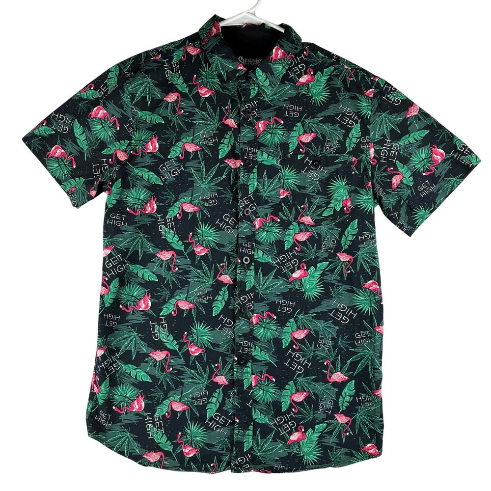 Spencer's Short Sleeve Button Up Shirt Men's Medium Pink Flamingo Weed Print